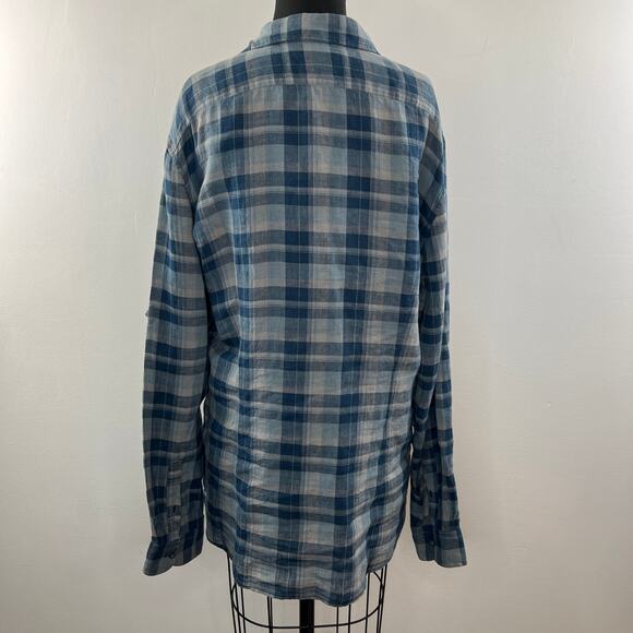 JOHN VARVATOS Blue Gray Plaid Linen Button-Down Collared Pocket Shirt Top Size L - Picture 5 of 8